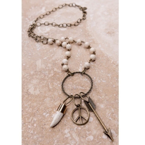 Bronzed Chain Stone Beaded Arrow Peace Charm Necklace - Picture 7 of 7